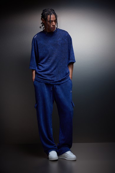 Erkek İndigo Basic Yıkama Efektli Kargo Cepli Baggy Eşofman