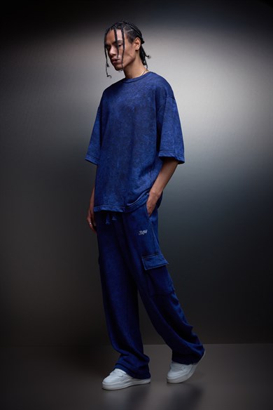 Erkek İndigo Basic Yıkama Efektli Kargo Cepli Baggy Eşofman