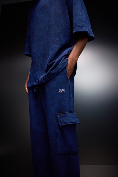 Erkek İndigo Basic Yıkama Efektli Kargo Cepli Baggy Eşofman