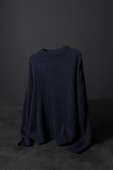 Erkek İndigo Kalın Fitilli Yün Karışımlı Bisiklet Yaka Oversize Kazak