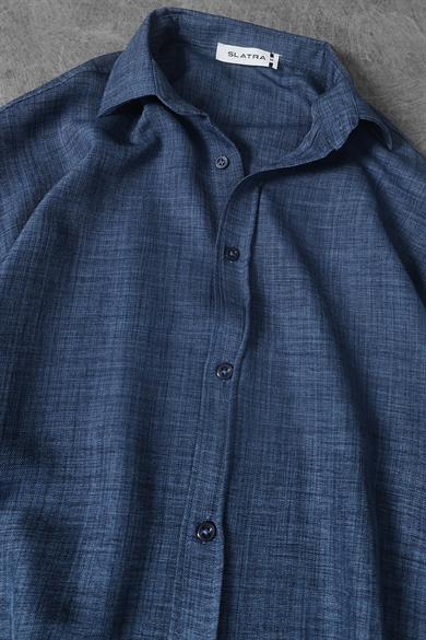 Erkek İndigo Oversize Sofia İnce Keten Gömlek