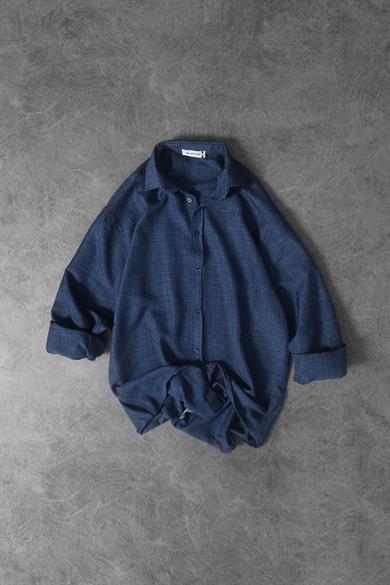 Erkek İndigo Oversize Sofia İnce Keten Gömlek