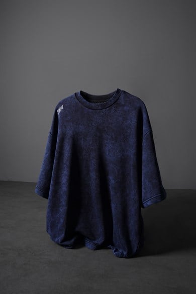 Erkek İndigo Oversize Yıkama Efektli Basic Tshirt