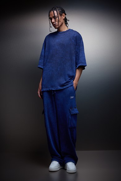 Erkek İndigo Oversize Yıkama Efektli Basic Tshirt