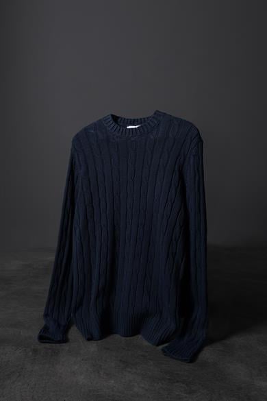 Erkek İndigo Saç Örgü Desen Bisiklet Yaka Oversize Kazak