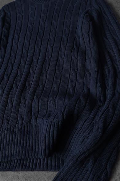 Erkek İndigo Saç Örgü Desen Bisiklet Yaka Oversize Kazak