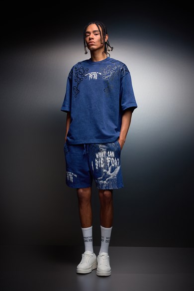 Erkek İndigo What Can İ Die For Oversize Yıkama Efektli Tshirt