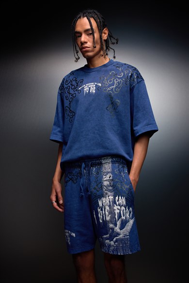 Erkek İndigo What Can İ Die For Oversize Yıkama Efektli Tshirt