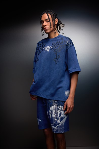 Erkek İndigo What Can İ Die For Oversize Yıkama Efektli Tshirt