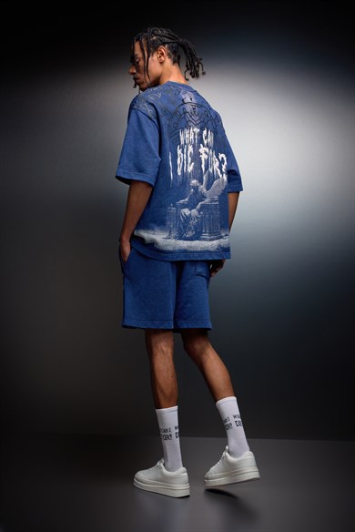 Erkek İndigo What Can İ Die For Oversize Yıkama Efektli Tshirt