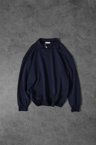 Erkek İndigo Yarım Fermuar Diagonel Kumaş Oversize Sweatshirt