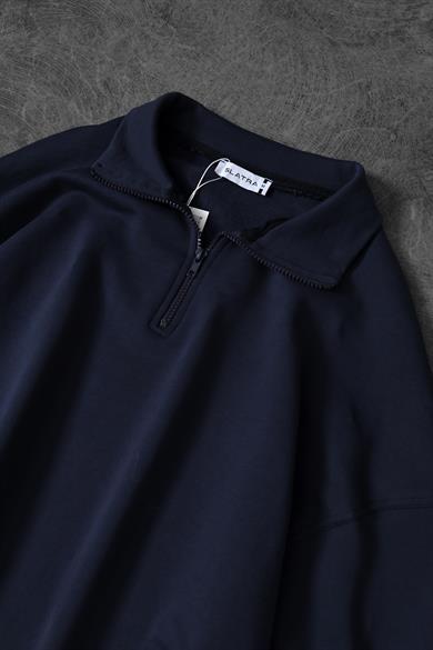 Erkek İndigo Yarım Fermuar Diagonel Kumaş Oversize Sweatshirt