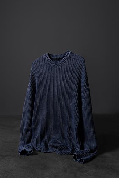 Erkek İndigo Yıkamalı Fitilli Yün Karışımlı Bisiklet Yaka Oversize Kazak