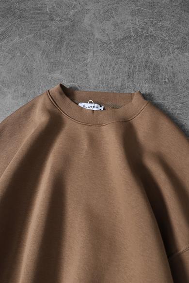 Erkek Kahve Basic Bisiklet Yaka Oversize Sweatshirt