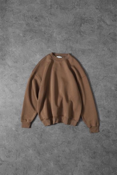 Erkek Kahve Basic Bisiklet Yaka Oversize Sweatshirt