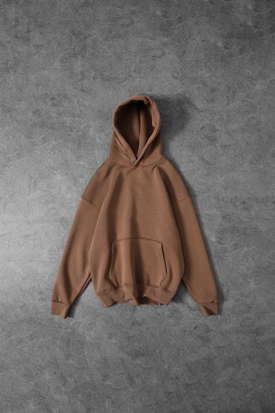 Erkek Kahve Basic Kapüşonlu Oversize Sweatshirt