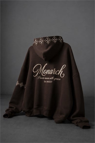 Erkek Kahve Monarch Nakışlı Oversize Full Zip Hoodie