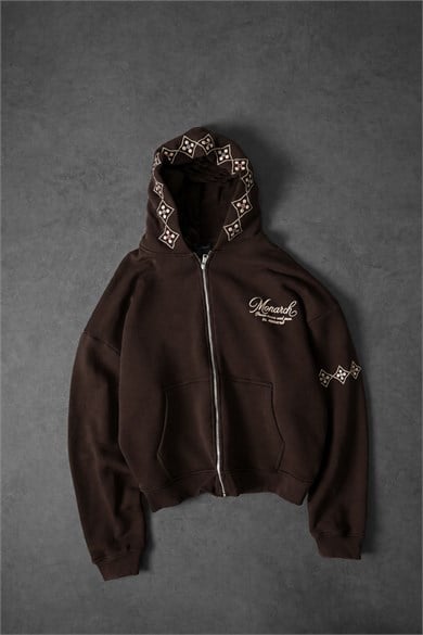 Erkek Kahve Monarch Nakışlı Oversize Full Zip Hoodie