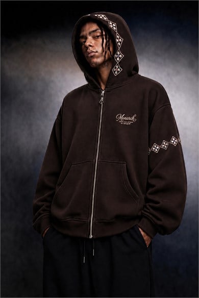 Erkek Kahve Monarch Nakışlı Oversize Full Zip Hoodie