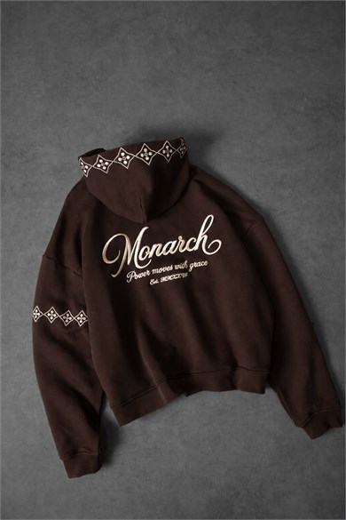 Erkek Kahve Monarch Nakışlı Oversize Full Zip Hoodie