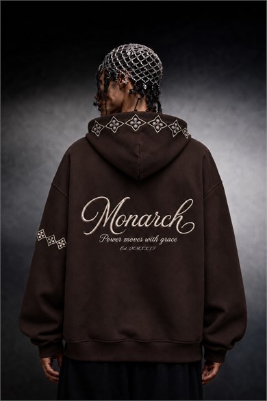 Erkek Kahve Monarch Nakışlı Oversize Full Zip Hoodie