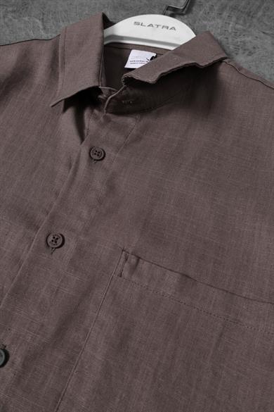 Erkek Kahverengi %100 Keten Kumaş Oversize Kısa Kollu Gömlek