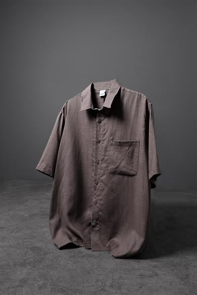 Erkek Kahverengi %100 Keten Kumaş Oversize Kısa Kollu Gömlek