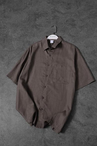 Erkek Kahverengi %100 Keten Kumaş Oversize Kısa Kollu Gömlek