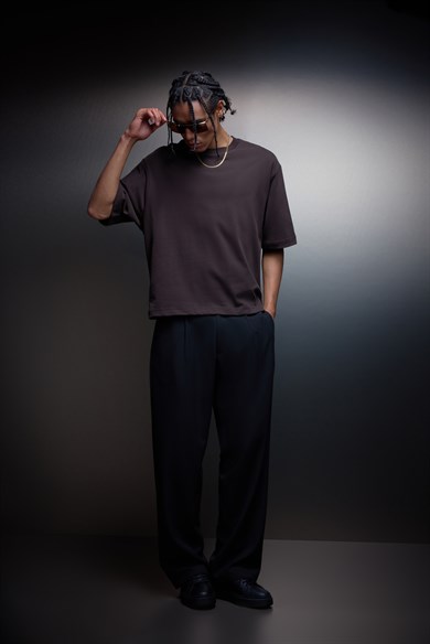 Erkek Kahverengi Boxy Fit Basic Tshirt