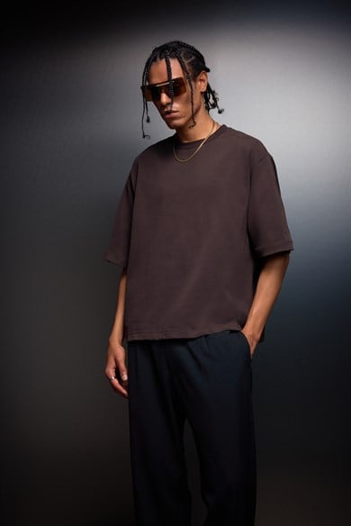 Erkek Kahverengi Boxy Fit Basic Tshirt