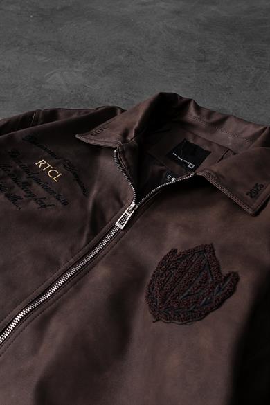 Erkek Kahverengi Champions Nakışlı Astarlı Deri Ceket