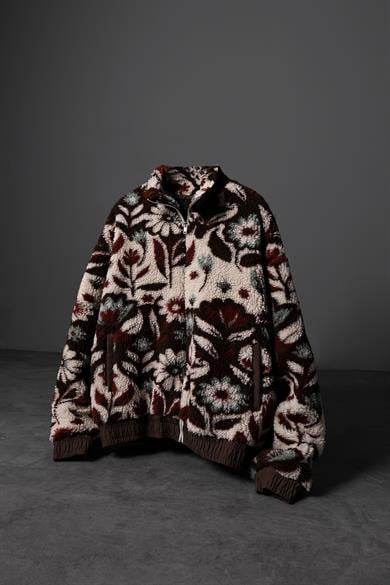 Erkek Kahverengi Garnili Full Zip Astarlı Oversize Peluş Sweatshirt
