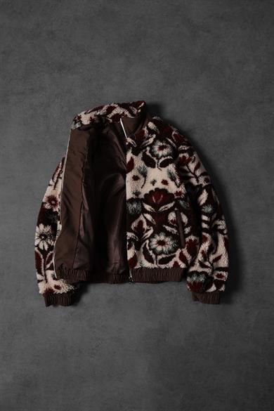 Erkek Kahverengi Garnili Full Zip Astarlı Oversize Peluş Sweatshirt