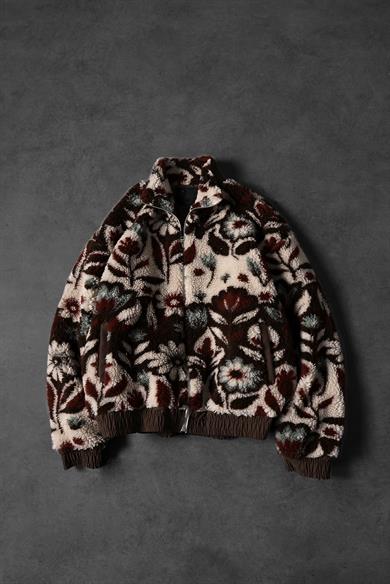 Erkek Kahverengi Garnili Full Zip Astarlı Oversize Peluş Sweatshirt