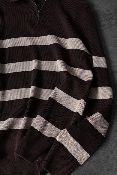 Erkek Kahverengi Şeritli Yarım Fermuar Oversize Triko Kazak