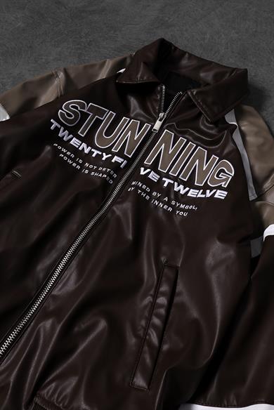 Erkek Kahverengi Stunning Nakışlı Racing Biker Astarlı Deri Ceket