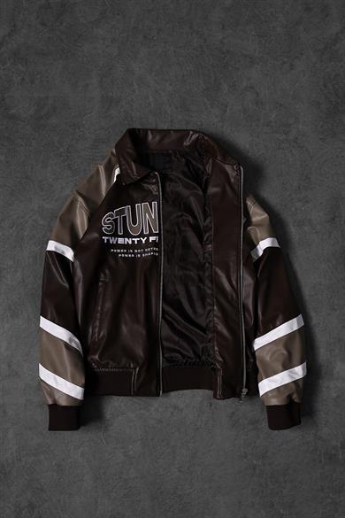 Erkek Kahverengi Stunning Nakışlı Racing Biker Astarlı Deri Ceket