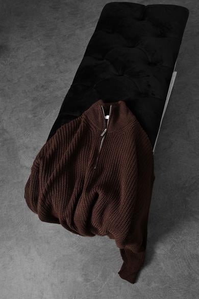 Erkek Kahverengi Yarım Fermuar Oversize Örme Kazak