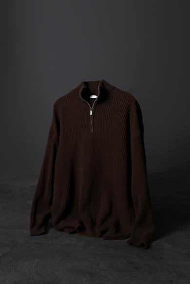 Erkek Kahverengi Yarım Fermuar Oversize Örme Kazak