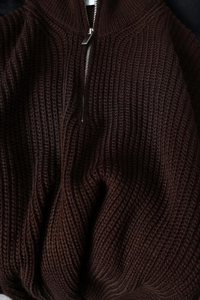 Erkek Kahverengi Yarım Fermuar Oversize Örme Kazak