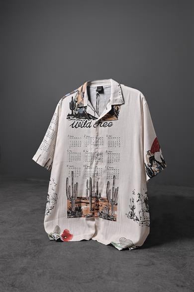 Erkek Kaktüs Desen Keten Kumaş Oversize Kısa Kollu Gömlek