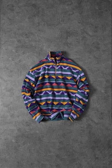Erkek Karma Desen Yarım Fermuar Oversize Polar Sweatshirt