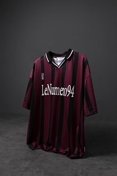 Erkek Kırmızı-Siyah Çizgili LN94 Baskılı Oversize Forma Kumaş Tshirt