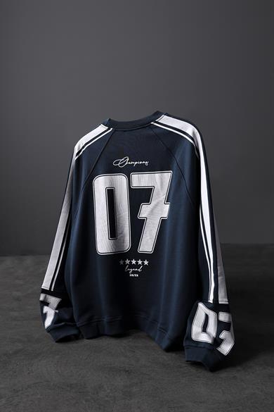 Erkek Lacivert 07 Champions Baskılı Oversize Sweatshirt