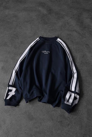 Erkek Lacivert 07 Champions Baskılı Oversize Sweatshirt