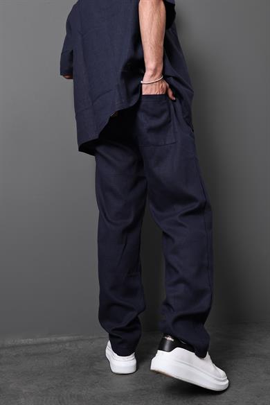Erkek Lacivert %100 Ham Keten Baggy Pantolon