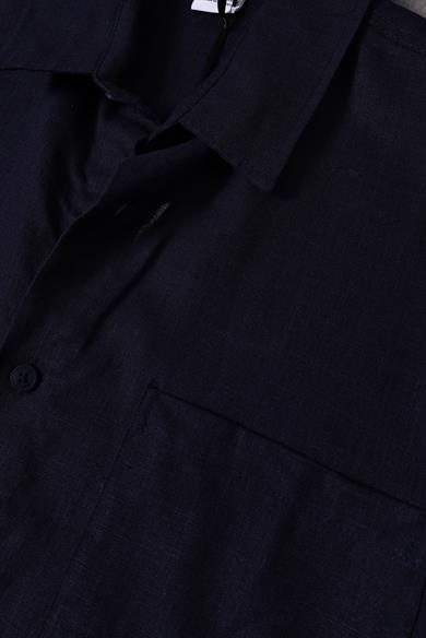 Erkek Lacivert %100 Keten Kumaş Oversize Kısa Kollu Gömlek