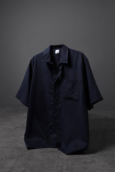 Erkek Lacivert %100 Keten Kumaş Oversize Kısa Kollu Gömlek