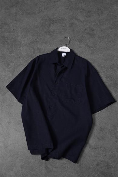 Erkek Lacivert %100 Keten Kumaş Oversize Kısa Kollu Gömlek
