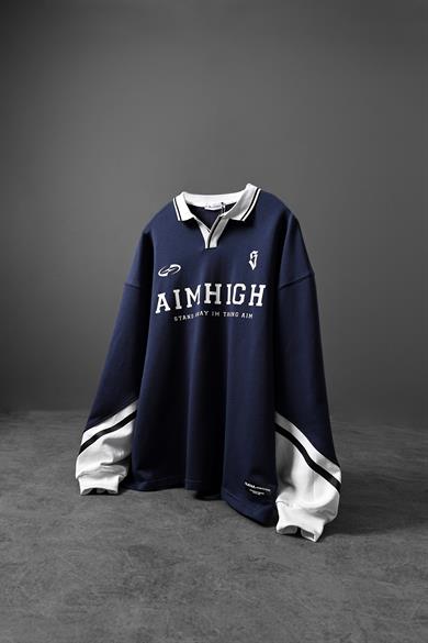 Erkek Lacivert Aimhigh Baskılı Polo Yaka Oversize Sweatshirt